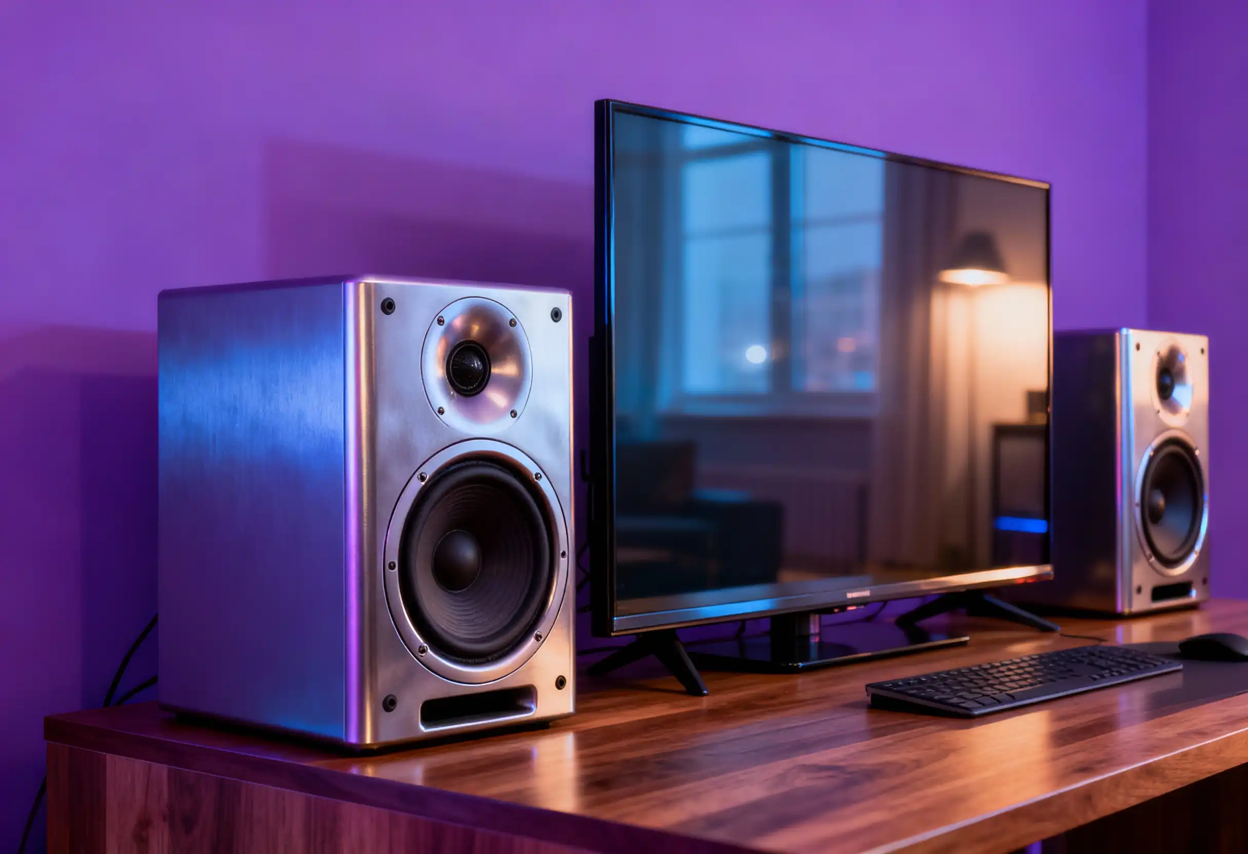 Tietokone kaiuttimineen ja televisio on sijoitettu puiselle pöydälle