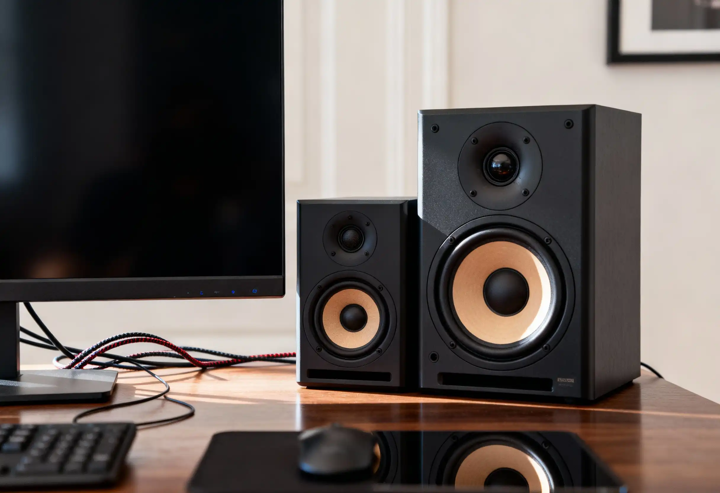 Tietokonenäyttö, näppäimistö ja kaiuttimet järjestettynä siististi puiselle pöydälle