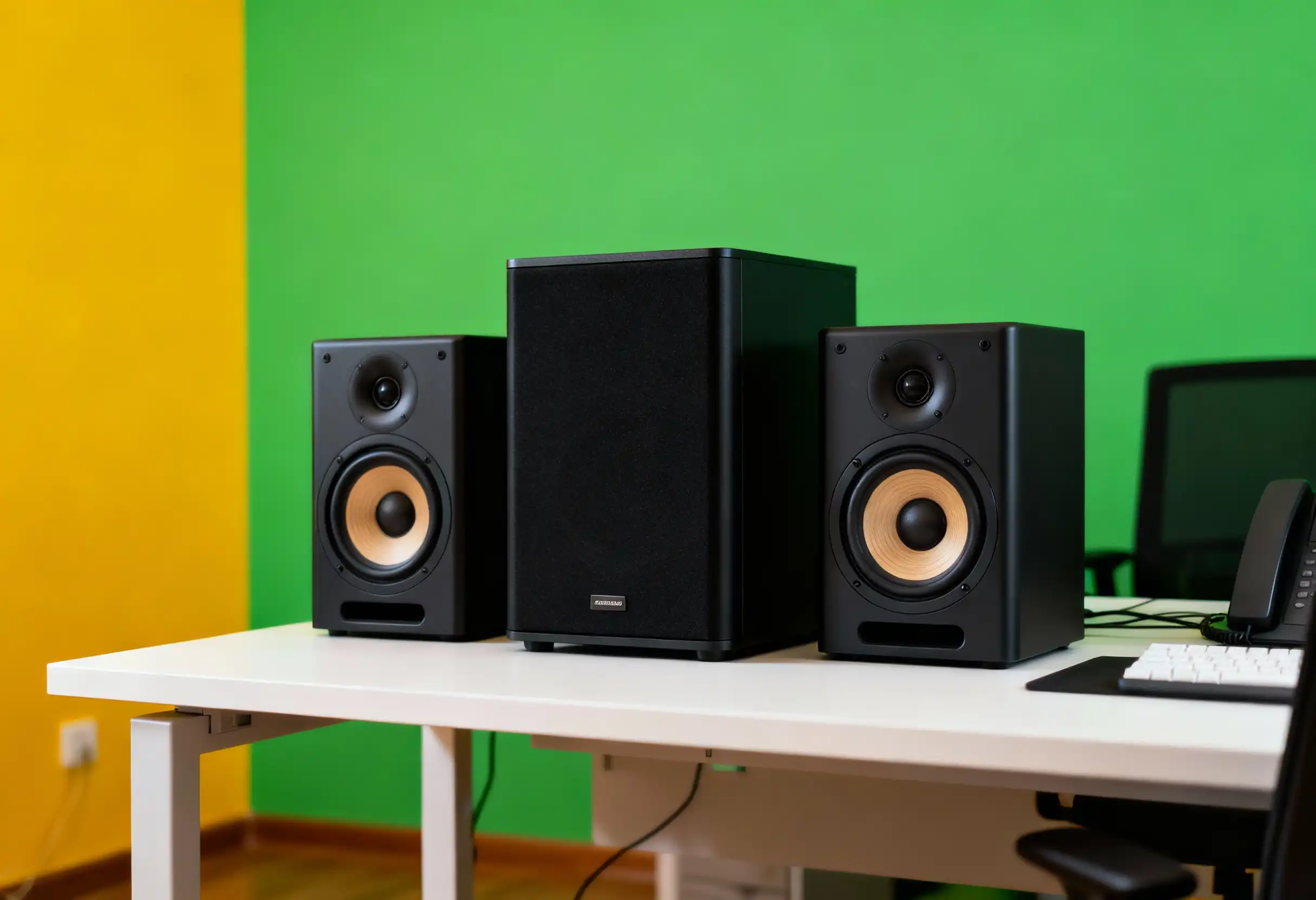 Kaksi äänikaiutinta ja subwoofer pöydällä, kirkkaan vihreää seinää vasten.